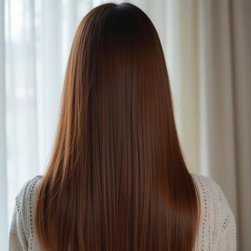 Back view of a head with long straight shiny hair. Japanese hairstyle. Brightly lit environment highlighting hair's shine.