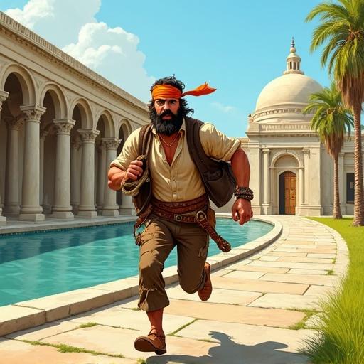 Dynamic full-body illustration of a rugged, bearded man running urgently. He wears an orange bandana, a loose light-colored shirt, a dark vest, torn brown pants, and a thick rope belt. He holds a leather satchel and a net bag. The scene is set on a bright day in a grand architectural complex with arches, pillars, and a domed structure. A reflective pond is in the foreground with lush green grass and trees.