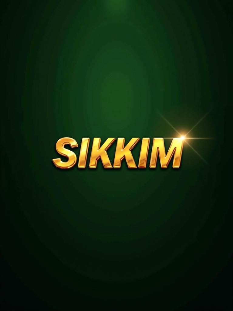 Golden letters spell the word SIKKIM. Background is a gradient dark green. A shiny surface reflects light. A gleam appears at the top right corner.