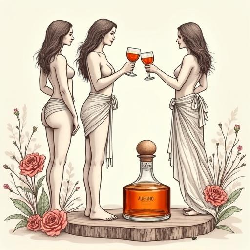 Minimalist abstract line art drawing. Three beautiful topless Venus goddess silhouettes. Alluring hourglass figures in mid-thirties. Enjoying cocktails, relaxed after a stressful week. Light, flowing sarongs loosely around hips. Bottle labeled 'ALFRUNO' on rustic wood. Golden-reddish glow with cork lid. Roses, herbs, wildflowers add accents. Luxury modern garden backdrop exuding indulgence.