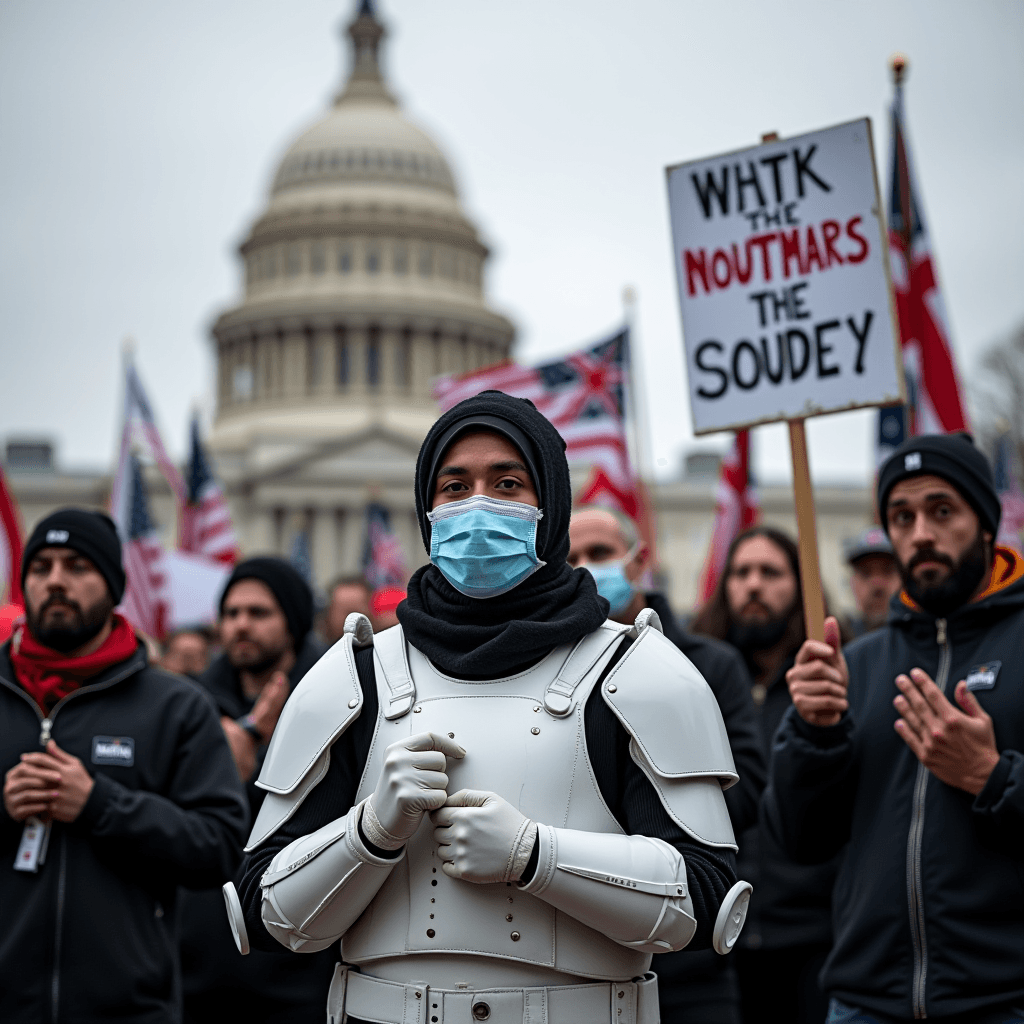 A person wearing a winter jacket over armor stands amid a protest near a government building, surrounded by individuals holding slogan signs.