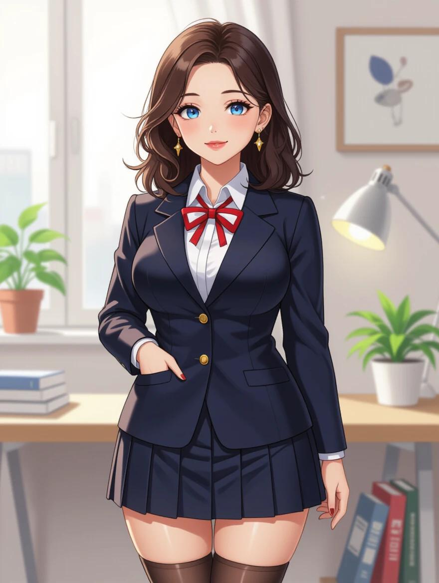 Full body image of a female character. Caucasian woman in a tight school uniform. Dark brown hair styled messily. Liquid blue eyes. Wearing flashy earrings and high-knee socks. Standing in a well-lit room with plants and a desk in the background.