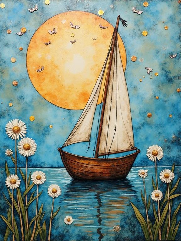 A watercolor painting of a sailboat on water under a large sun, surrounded by flowers.