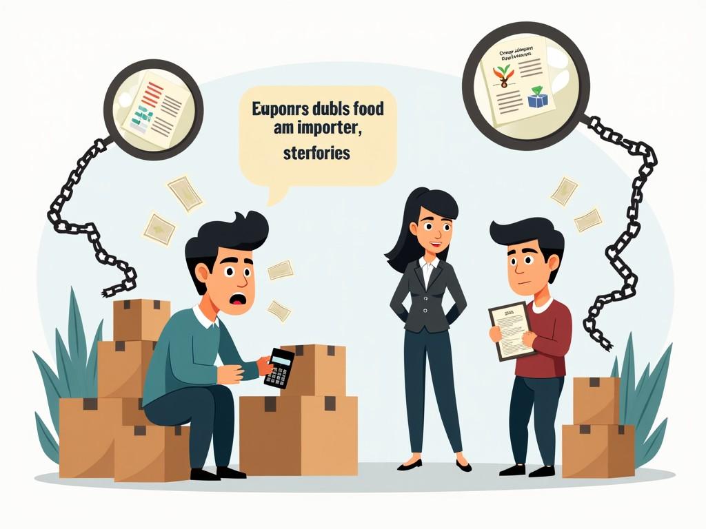 This illustration depicts a trade finance dilemma. An exporter anxiously examines a calculator while surrounded by cardboard boxes, symbolizing goods ready for shipment. In front of him, an importer holds a document, unsure if he should pay upfront. A financier watching over them appears skeptical about the trade partnership. Both characters express concerns about payment and trust. This scene illustrates the complexities of international trade and the risks involved in transactions. Platforms addressing such issues can foster better trade relationships.