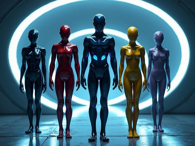 Five futuristic humanoid figures in bio alien suits. Suits have organic designs with sleek curves and glowing features. Figures include a buff red male, a blue skinny male, a yellow female, a bulky black male, and a light purple slim female. The setting has a dark background with bright white light. The floor is a sleek silver with specular reflections. Emphasis on high-quality details and 4k resolution.