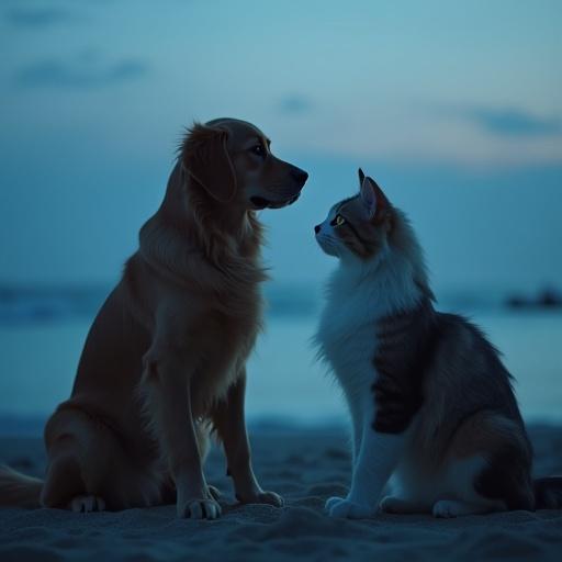 A golden retriever and a long-haired Persian cat sit together on a beach during blue hour. The image captures a silhouette effect with cinematic lighting and a blurred background, evoking a mysterious and whimsical vibe.