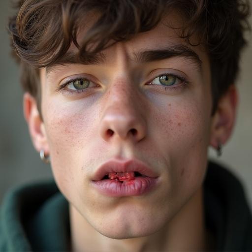 Closeup shot features a high school teenager boy. He has a rebellious look. Lips are bitten with visible wound. An earring is worn on one side of the ear. Natural skin tones are prominent.