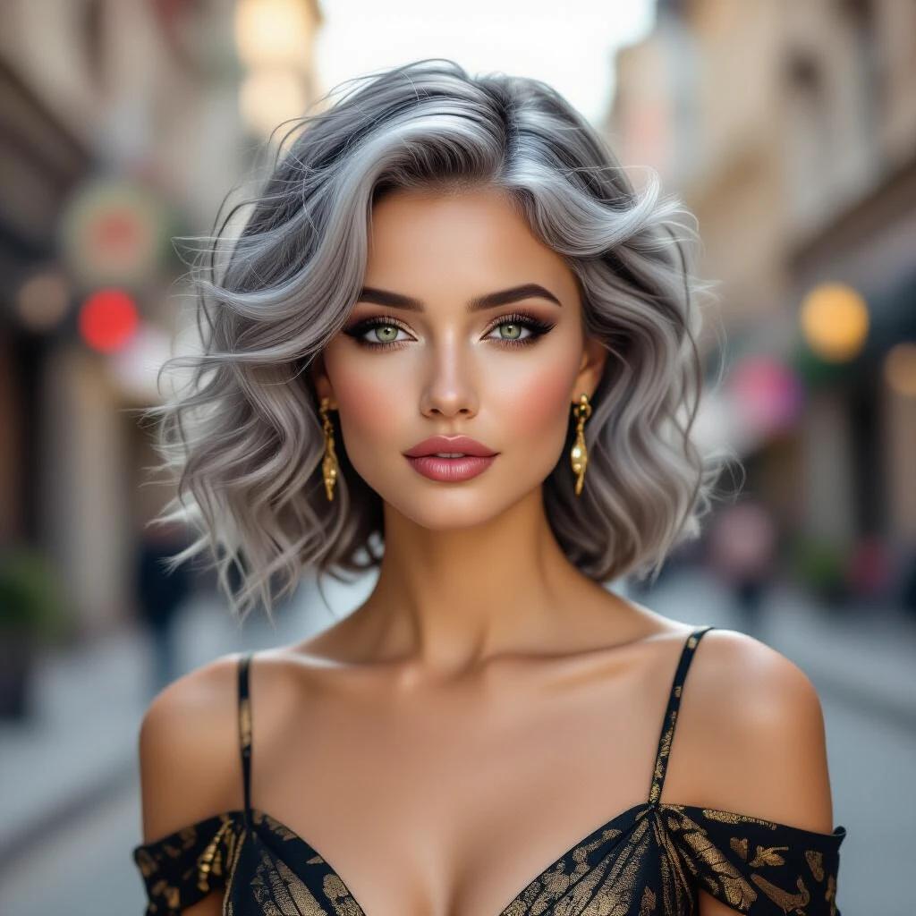 Realistic depiction of a slim woman with gray curly hair wearing a dark golden dress. She has a piercing dark gaze and pale skin. The background shows a blurred street scene.