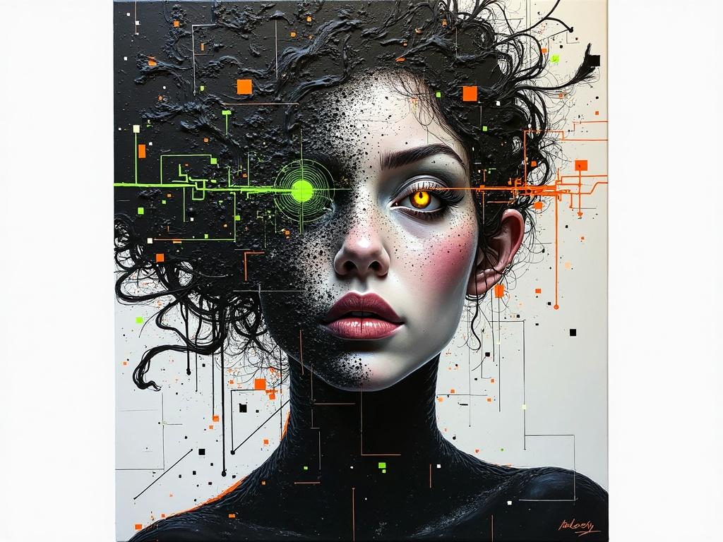 An abstract portrait of a woman's face on a white canvas. Features fragmented with black paint into geometric shapes. Neon green and orange streaks glow on her skin. Thick impasto texture represents circuitry patterns. Canvas is visible between paint layers. Her glowing draconic eyes and stylized hair flow into abstract forms. Aggressive brush strokes create an expressive artistic style.