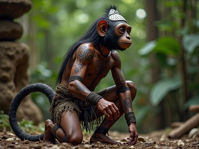 A male Maya dancer resembles a monkey in a powerful pose. Crouching motion indicates energy and cunning. Body is decorated with black war paint. Arms and legs wrapped in raw fiber. Tail symbolizes energy. Eyes show mischief. Thick jungle surrounds. Ritual altar of stones and bones nearby. Monkey mask enhances the theme.