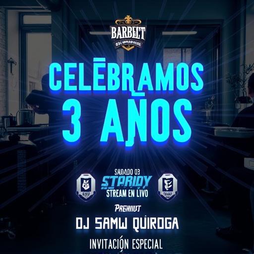 Design layout for barbershop event. Dark overlay with text elements. Bold sans-serif typography in electric blue. Elegant details for a premium feel. Upscale barbershop background with celebration theme.