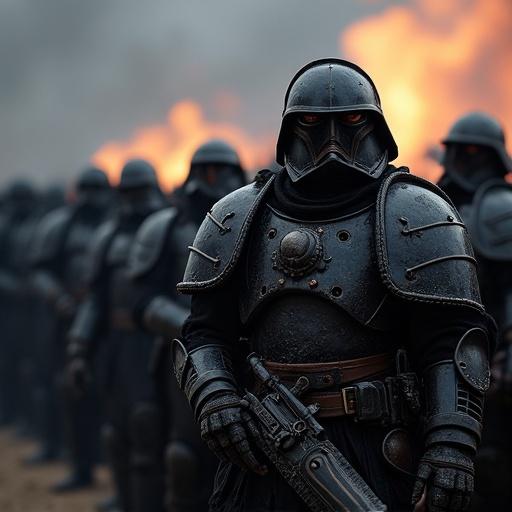 Marine soldiers in black armor stand in formation. They prepare for battle against a fiery backdrop. Cinematic lighting enhances the scene. It captures the essence of Warhammer lore and its dramatic atmosphere.