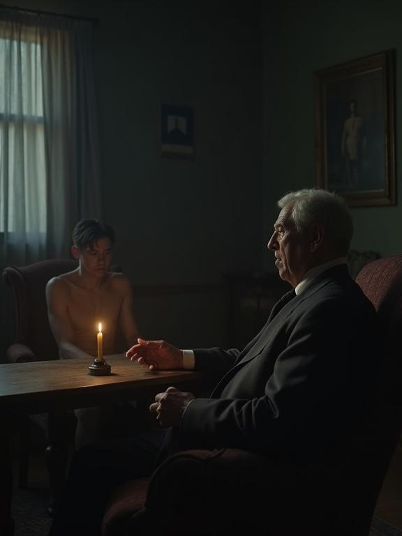 Wide shot of a dimly lit parlor. A single candle flickers on a table. Young man in early 20s looks despondent while sitting in an armchair. Older man in late 40s appears dignified yet grief-stricken. Hand extended to provide comfort. Space between them filled with tragedy and regret.