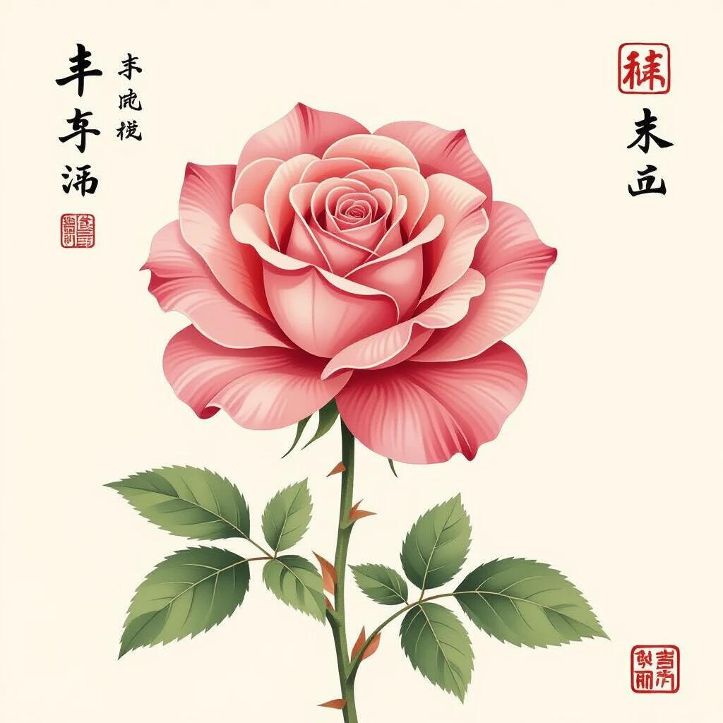 A simplified drawing of a rose starts at the center with spiraling lines to form layered petals. Petal edges curl gently. Below connects a straight line for the stem. Jagged edged leaves are simply drawn on both sides. Small dots for thorns are on the stem. Overall outline is smooth and elegant.