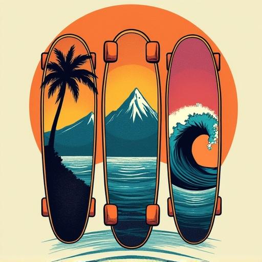 Retro skateboards with tropical, mountain, and wave scenes. Bright colors and bold design. Ideal for skaters and adventure lovers. Vintage-inspired art on t-shirt.