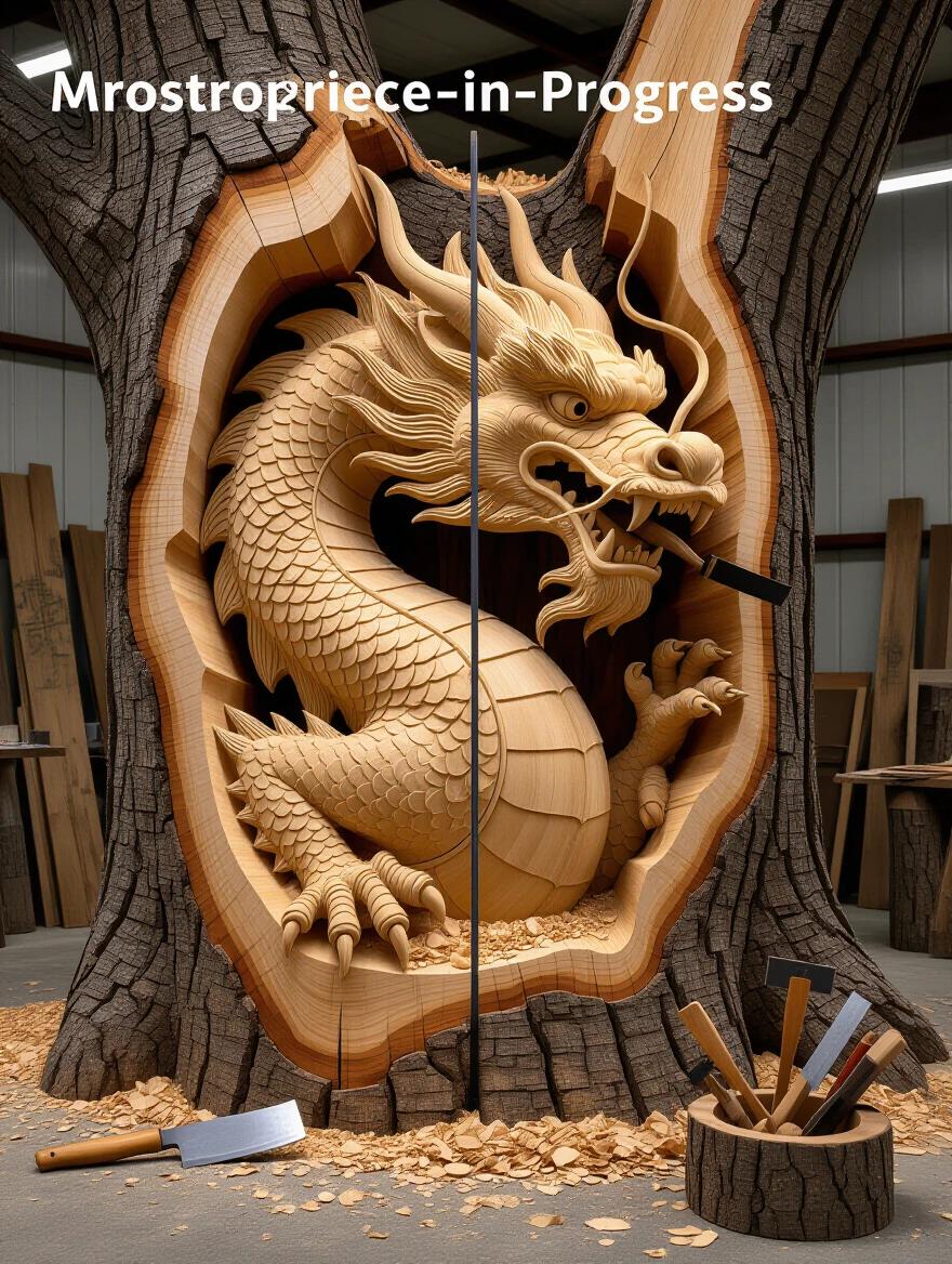 Dramatic scene of a dragon sculpture emerging from a tree trunk. One side has rough bark; the other side has intricate carved features. Chain saw cuts show rough shaping. Hand tool work includes adze marks, gouge patterns, and chisel details. Surrounding wood chips indicate active carving. Traditional tools are present, some mid-cut. Dragon's head is detailed with scales and expressive eyes; the tail end remains raw. Natural light enhances contrasts between finished and rough wood, highlighting artistic transformation.