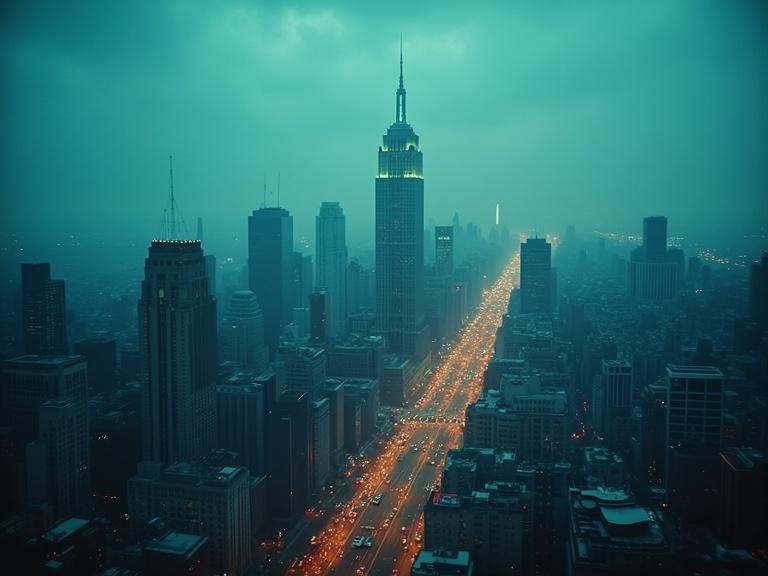 Aerial view of a city during the day with a dark blue filter. The shot features an iconic skyscraper in a vintage cathode ray tube pixelated style.