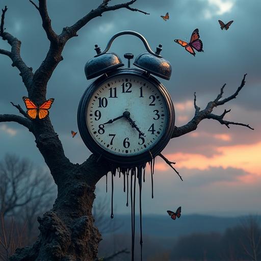 Surreal melting clock draped over a gnarled barren tree branch. Clock face distorted with numbers flowing like liquid. Background features a moody sky with dark clouds and twilight colors. Vivid butterflies of various sizes flutter around the clock. Scene illuminated by dramatic lighting casting long shadows. High detail hyper-realistic style capturing intricate details.
