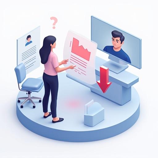Isometric illustration of a clinical trial coordinator looking concerned at a patient record file. File appears to fade or disappear from a digital folder. A red arrow points down indicating dropout. An empty chair represents a missing patient. Design features clean modern tech style with soft lighting.