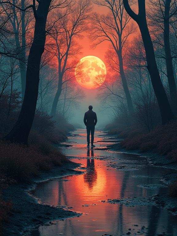 An optical illusion inspired by grief featuring a lonely figure walking down a reflective path surrounded by vibrant red trees.