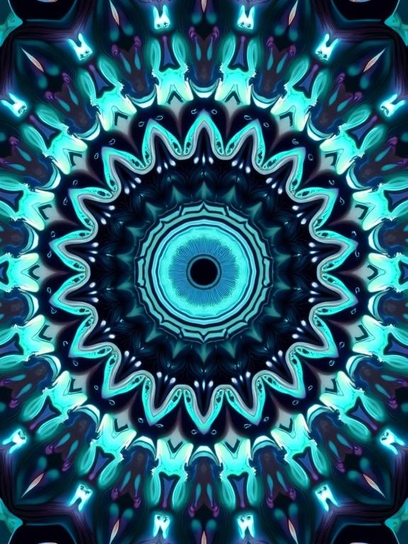 Kaleidoscopic digital artwork. Spiral pattern centered around a turquoise blue woman's eye. Flat vector illustration. Abstract and vibrant.