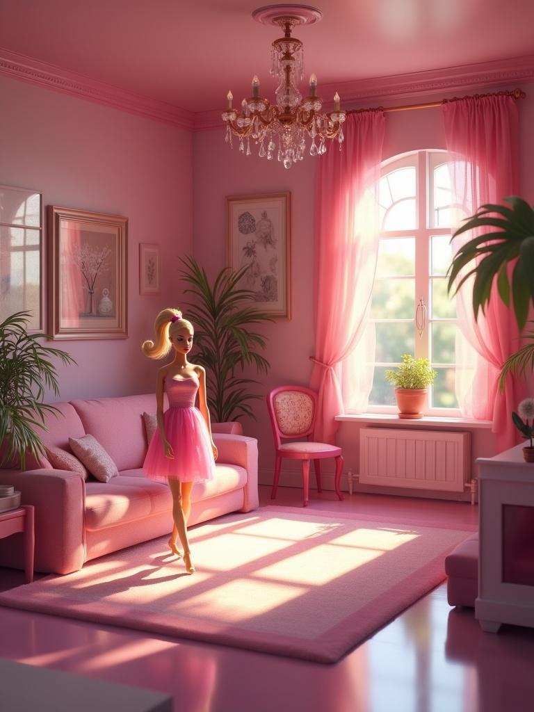 Cinematic representation of Barbie in a pastel themed living room. Elegant furnishings and abundant greenery. Bright sunlight illuminating the space through large windows. A serene and stylish atmosphere is created.