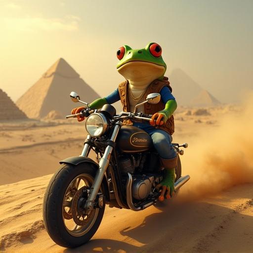 A frog drives a motorcycle above the pyramids of Giza. Scene features humor and adventure. Bright colors and cartoon style create a whimsical atmosphere.