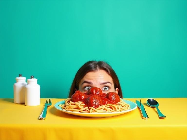 Vibrant solid teal background dominates upper portion. Yellow tablecloth covers foreground. Woman's face peeks over tablecloth, showing forehead and wide eyes suggesting surprise. Plate filled with spaghetti and meatballs is centered. White salt and pepper shakers are left. Silver knife, fork, and spoon are on the table. Bright even lighting emphasizes bold colors and clean lines. Overall aesthetic is playful and surreal, reminiscent of vintage advertising.