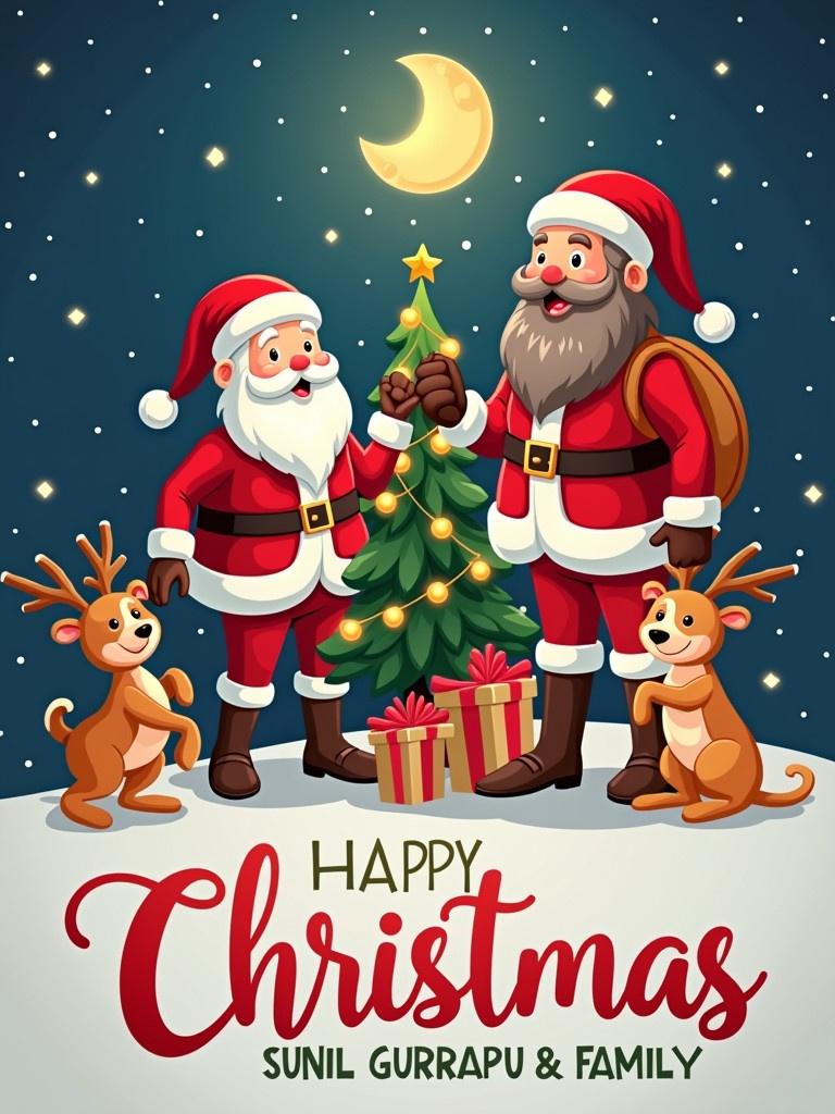 Cheerful Christmas scene featuring two Santa Clauses and reindeer. A decorated Christmas tree is present. Gift boxes are under the tree. Night sky with a crescent moon. Text: Happy Christmas Sunil Gurrapu & Family.