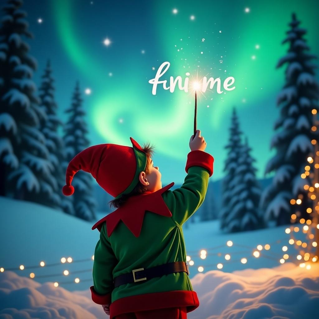 Scene with child dressed in elf costume. Child has back to viewer, looking at sky with wand. Magical atmosphere created by name in air. Background shows northern lights over snowy landscape with trees. Twinkling lights in foreground create cozy feel. Overall cheerful and festive mood.