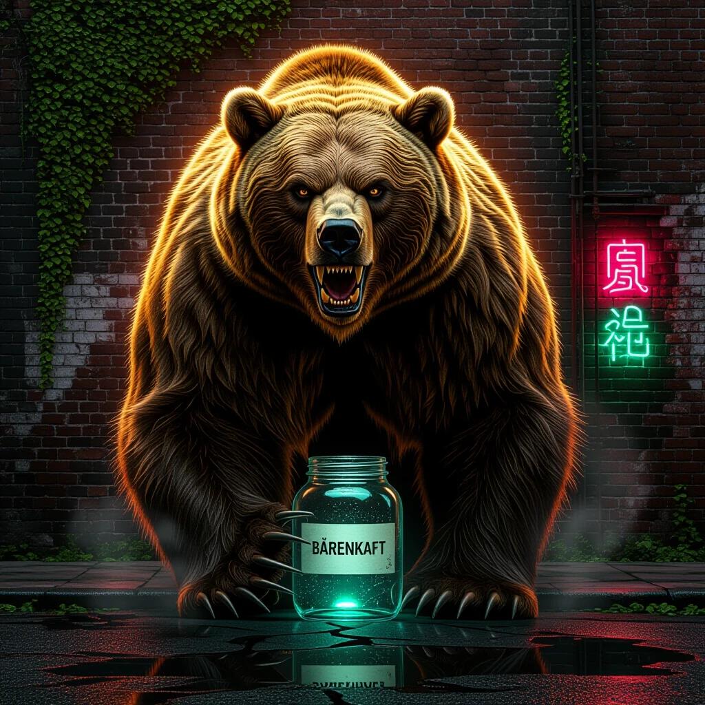 A colossal photorealistic grizzly bear with iridescent amber fur stands in an urban environment. The bear has battle-worn scars and razor-sharp teeth. It holds a glass jar labeled 'bärenkraft SCHWARZKÜMMELÖL GUMMIES MIT HONIG'. The background features a deteriorating Victorian-era brick wall covered in moss and ivy with neon lights. Steam rises from the cracked pavement. The scene captures a moment of kinetic energy as the bear roars, causing an explosion of bricks and dust. The composition highlights the bear's paw, showcasing tendons and a glowing jar amidst settling particles.