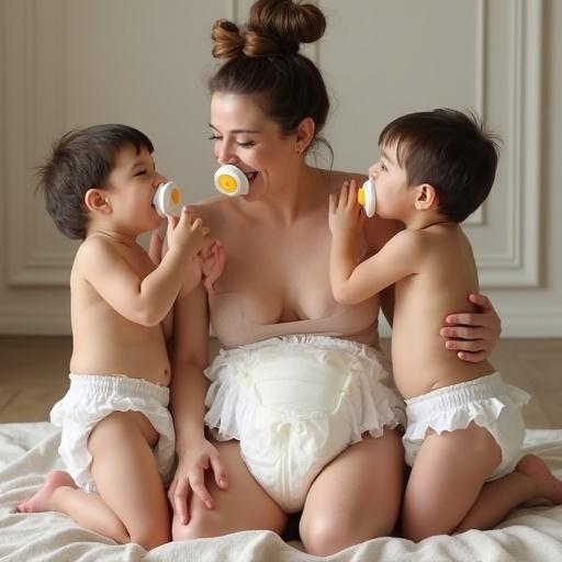 Mother plays with two children in cozy setting. Everyone has oversized pacifiers in their mouths. The mother wears a large diaper. Scene conveys humor and warmth.