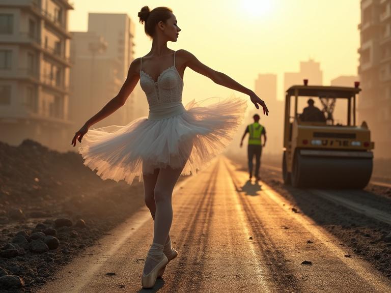 Photorealistic image of a ballerina in a white tutu dancing en pointe at a construction site. Dramatic juxtaposition with construction workers operating machinery. Dust motes in the air and warm sunset colors. Focus on the ballerina's concentration.