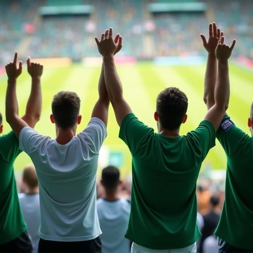Scene of football team fans in a stadium stand. Fans cheer happily wearing players' shirts. One team in green shirts and the other in white shirts. General color palette includes turquoise, white and yellow.