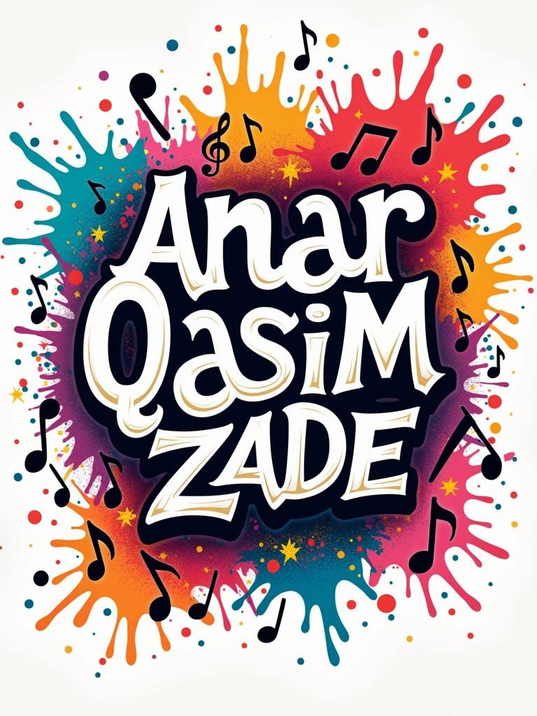 Vibrant colorful illustration features words Anar Qasimzade in bold stylized typography. Surrounding text are various musical notes and symbols. Background is dynamic multi-colored splash. Design exudes energy and engages visually capturing essence of music's lively nature.