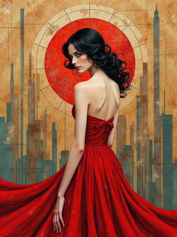 A woman in a deep red dress stands gracefully. Gorgeous background features abstract architecture. The artwork combines watercolor and metallics. Deep red and beige colors dominate the piece. Textures are shiny and whimsical. The style reflects a mix of various famous artists.