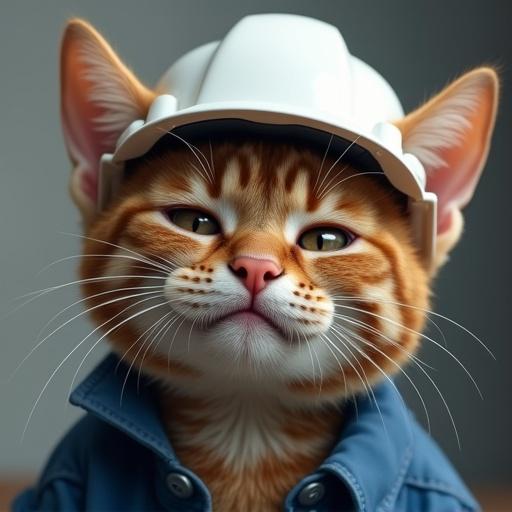 An orange cat with teary eyes and a sad expression wears a white hard hat and blue work jacket. The cat shows strong emotional features such as quivering lips and red cheeks.