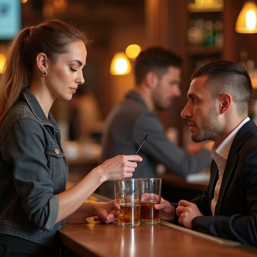 Female bartender checks identification of a customer in a lively bar. Warm lighting enhances the cozy atmosphere. Interaction occurs at the bar counter. The patron sits attentively.