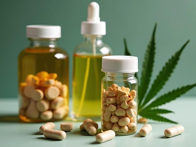 Cannabis products arranged aesthetically for health purposes. Bottles contain pills and oils derived from cannabis. Green background enhances the natural theme.