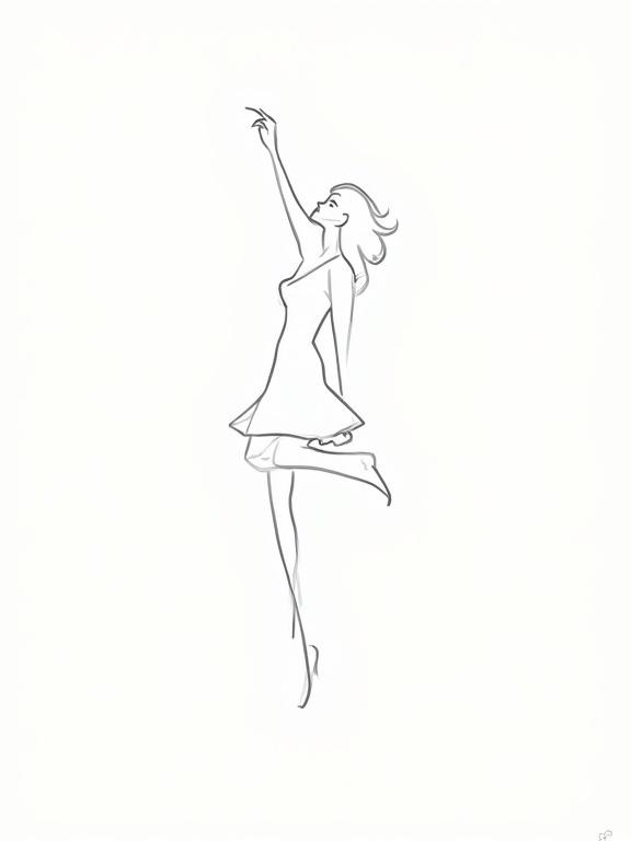 Create an ultra-minimalist black line drawing on pure white background depicting a disco dancer. Use only 3-4 continuous black lines to suggest a raised arm with a pointing finger and a curved stroke for the head torso and flared mini-skirt. Use a straight diagonal line for an extended leg. Capture essence of disco through dynamic angles flow of these minimal strokes. No details shading or facial features. The viewer's eye should complete the dancing figure from these sparse elements alone.