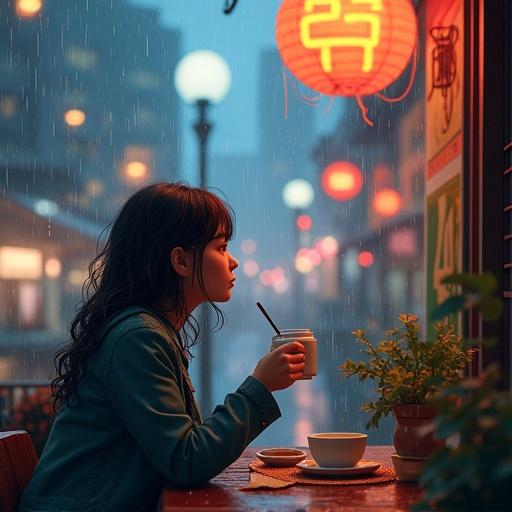 A girl enjoying coffee in a rainy Japanese city. Colorful lights shine through the rain. Semi-anime and semi-3D style. Cozy atmosphere.