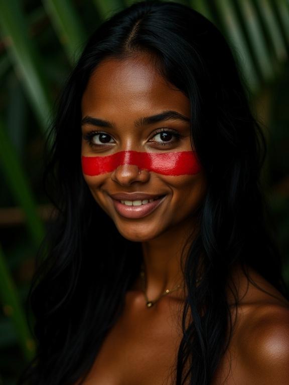 Photorealistic close-up portrait of a young indigenous Brazilian woman with warm skin tone and long black hair. She wears red face paint across her eyes as a stripe. Dramatic side lighting enhances her features. She has a confident smile. Background features dark jungle with palm leaves. Intense and cinematic atmosphere.