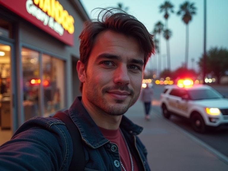 Selfie taken at dusk with a person smiling. Overexposed lighting from a store. Police car with flashing lights in the background. Casual snapshot feel.