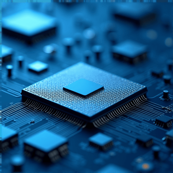 A close-up view of a circuit board featuring a central microchip surrounded by various electronic components.