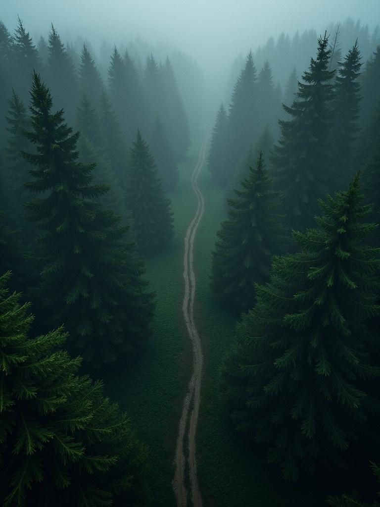 Aerial view of a dense forest shrouded in a thick mist. A winding sandy path cuts through the trees. The scene exudes a dark, moody atmosphere with towering evergreen trees surrounding the pathway. The background is blurred by fog, creating a sense of depth and mystery.