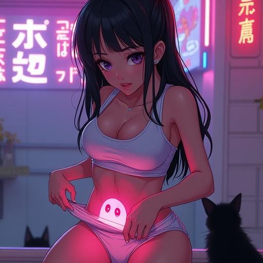 A Japanese woman in a gym suit lifts her bloomers stylishly. A ghost Q-taro character is printed on her outfit. In the background, a black cat and ghost Q-taro are hiding. The scene captures a supernatural and futuristic vibe. Detailed and vibrant with a dynamic composition and dramatic lighting.