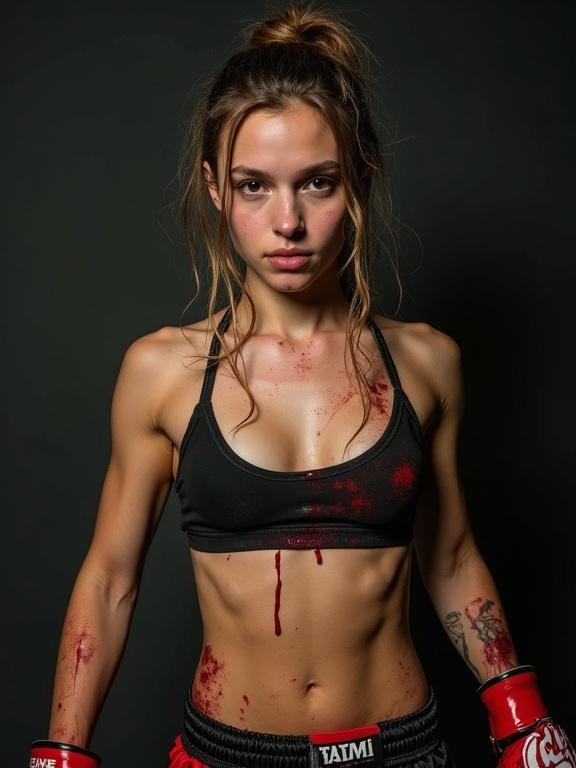 young skinny female Thai boxer showcasing visible abs wearing a sports bra with bloodstreams running down body, exhibiting dirty and sweaty appearance, untidy hair with handwraps stained in blood