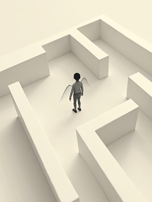 Minimalist illustration of a tiny human with wings floating above a maze. Surreal style, oversized elements, and vast negative space. Clean background with subtle grain texture. Contemporary art aesthetic.