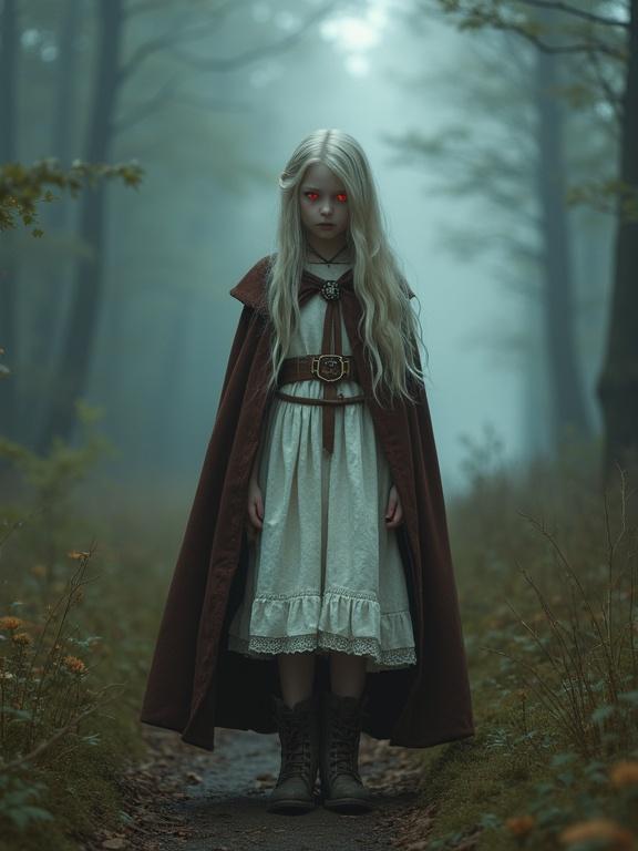 Photorealistic image of a girl with glowing red eyes in a foggy forest. She has long pale blonde hair and an underweight physique. She wears a knee-length white dress with brown accents and a heavy cloak. The atmosphere is mysterious and high fantasy, evoking a sense of intrigue.