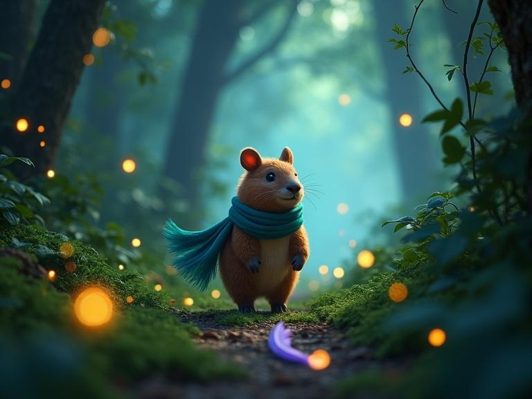 Capybara walking in jungle path. Soft mist and glowing fireflies surrounding. Teal scarf flowing behind. Lavender feather on moss trail. Magical energy sparkles in air as vines sway. Disney Pixar inspired artwork. Aspect ratio 16:9.